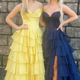 Ardea |Yellow Strapless A-Line Ruffle Long Prom Dress With Split