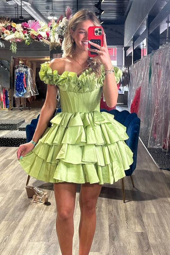 A-Line Off-the-Shoulder Corset Ruffle Tiered Homecoming Dress