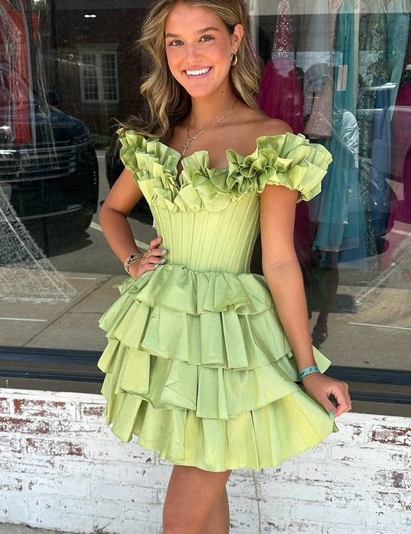 A-Line Off-the-Shoulder Corset Ruffle Tiered Homecoming Dress