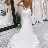 Stunning Mermaid V Neck White Satin Lace Wedding Dresses with Train