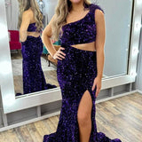 Paola | Sequin Feather One-Shoulder Mermaid Long Dress with Slit