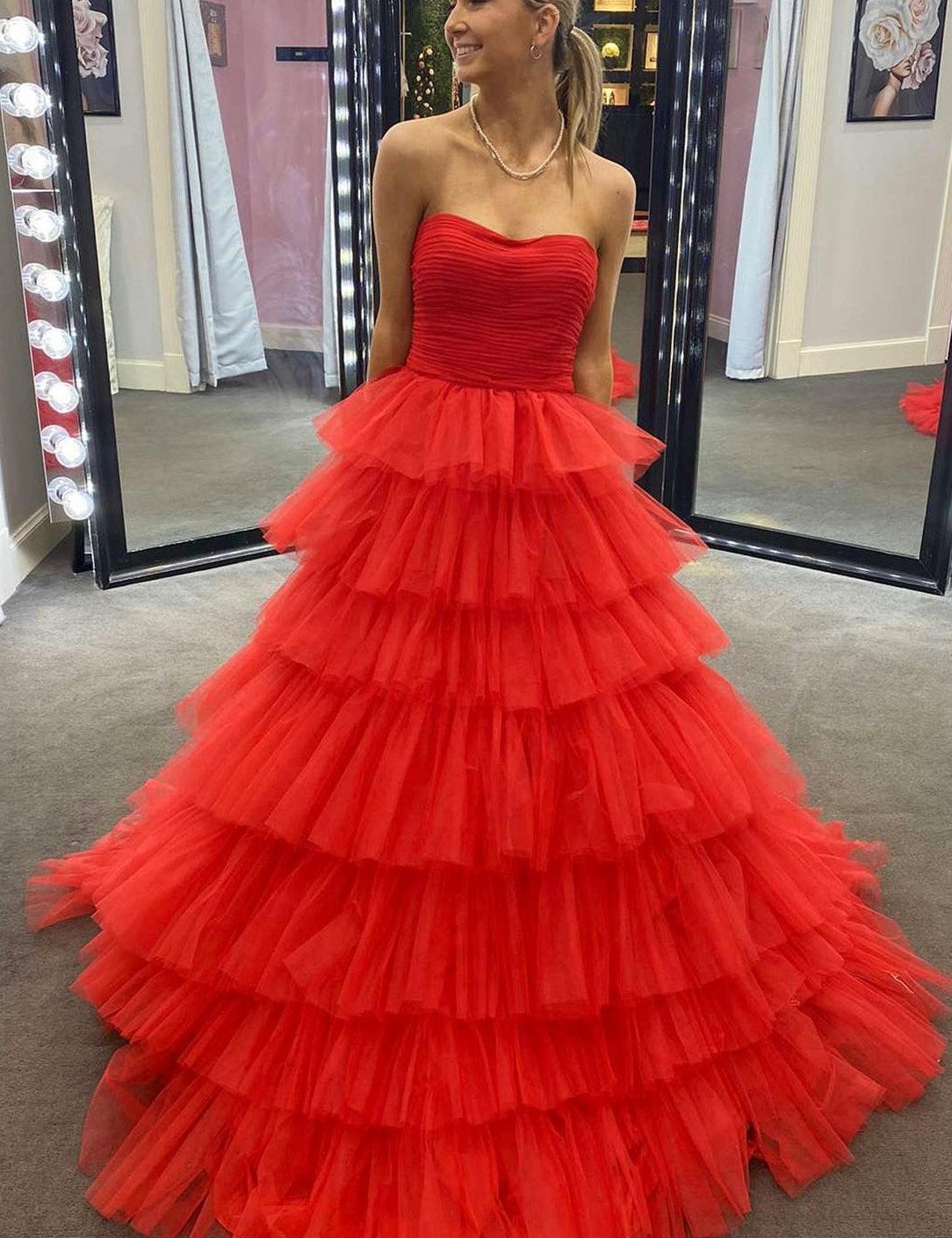 Daleyza |A-Line Strapless Tiered Tulle Prom Dress with Ruffles