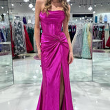 Nadia |Mermaid Strapless Satin Long Prom Dress With Slit