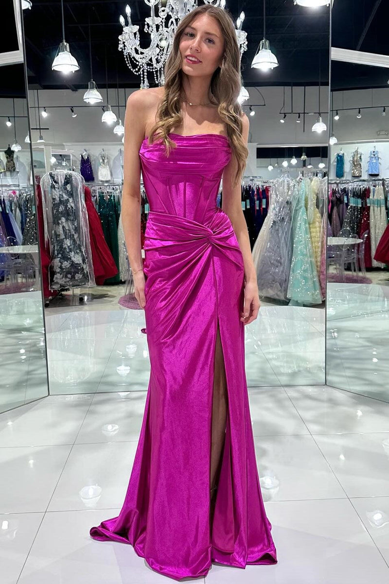 Mermaid Strapless Satin Long Prom Dress With Slit