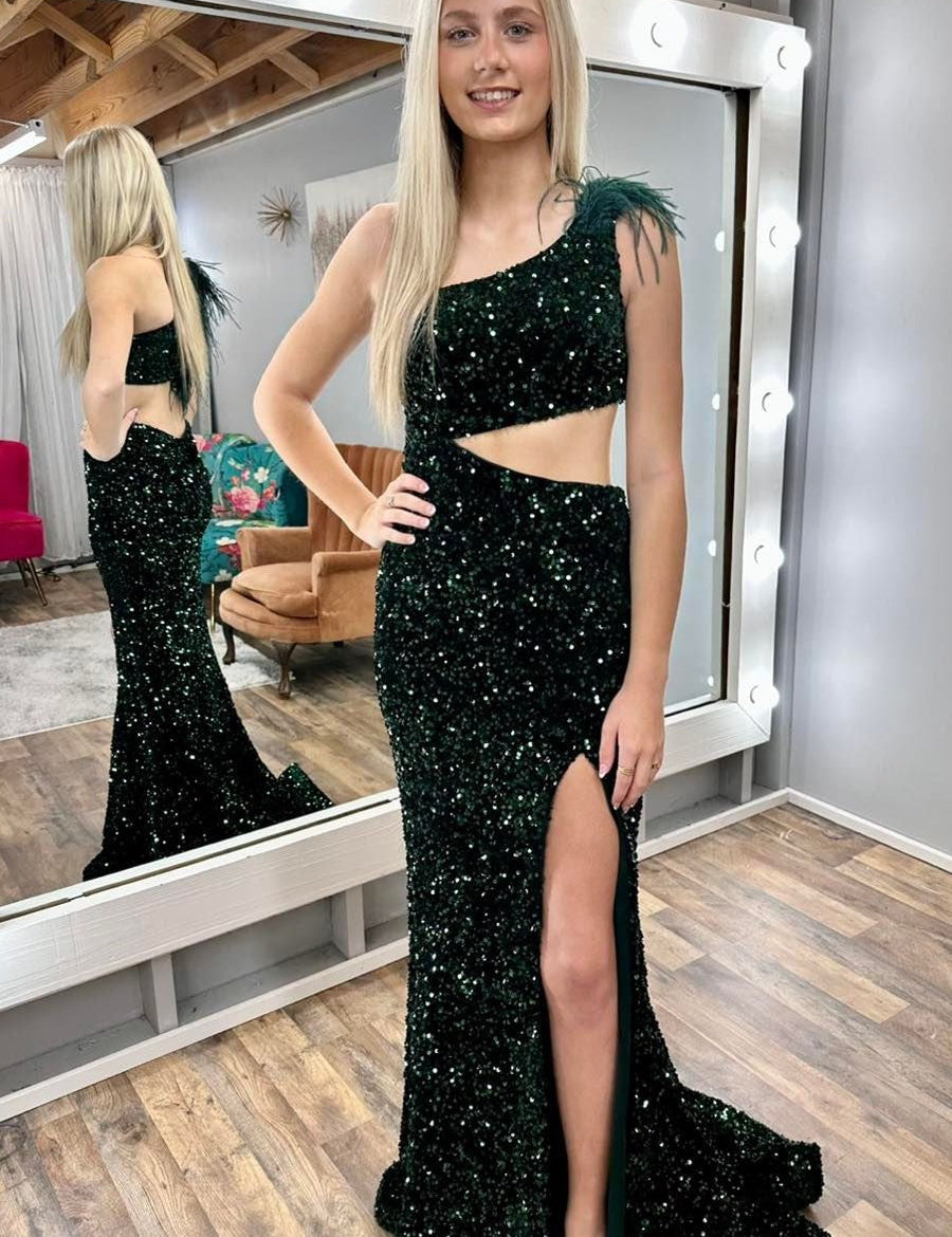 Paola | Sequin Feather One-Shoulder Mermaid Long Dress with Slit