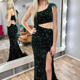 Paola | Sequin Feather One-Shoulder Mermaid Long Dress with Slit