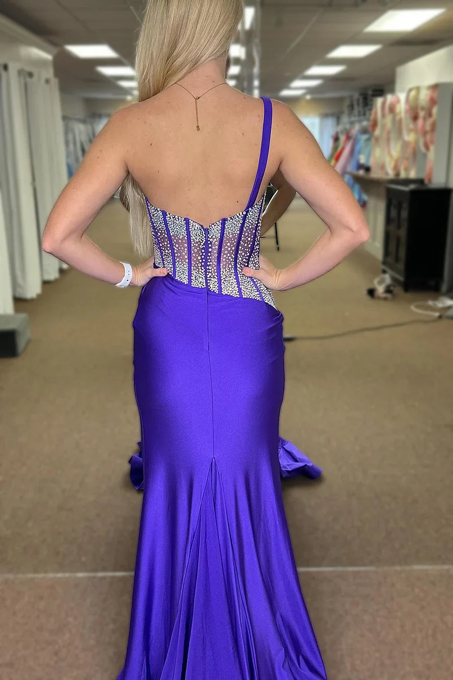 Laylani | Blue Mermaid One Shoulder Long Prom Dresses with Beaded