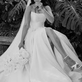 Elegant A-Line Strapless Satin Wedding Dress with Slit