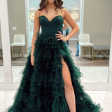 Dark Green Sweetheart Ruffle Tiered Tulle Long Prom Dresses with Slit