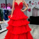 Skye |A-line V-Neck Tulle Prom Dress with Tiered Ruffles