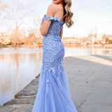 Lavender Off the Shoulder Tulle Appliques Mermaid Long Prom Dresses