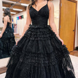 Emerson | Black A-Line Deep V Neck Tiered Long Glitter Tulle Prom Dress
