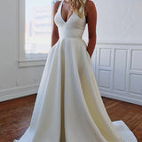 Kendra | A-Line V-Neck White Long Wedding Dress with Bow-Knot