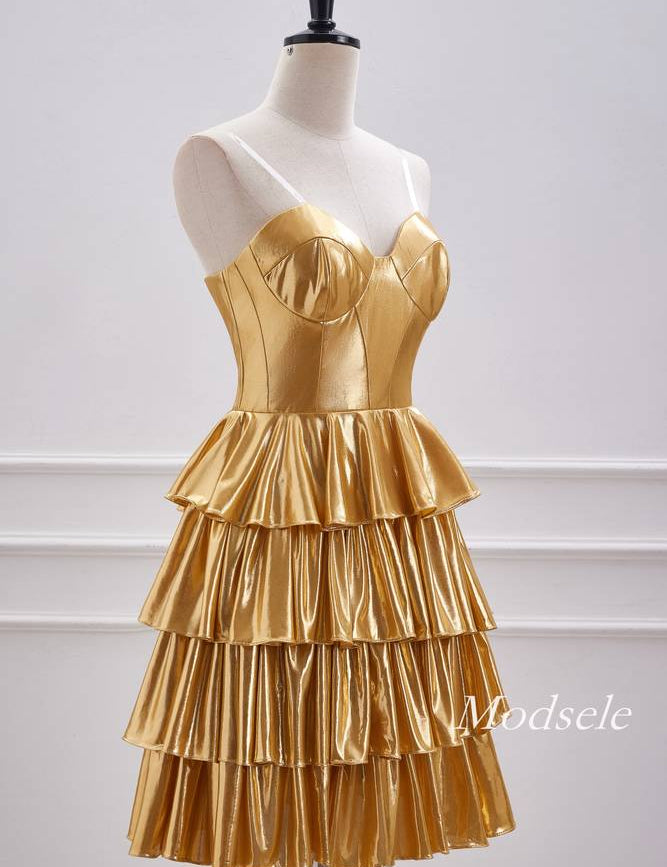 Strapless Gold Metallic A-Line Ruffle Homecoming Dress