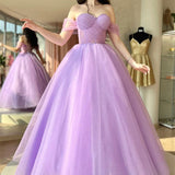 Tia | Lilac Off-the-Shoulder Lace-Up Tulle Long Prom Dress