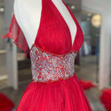 Red Beaded Halter Backless A-Line Long Prom Gown