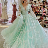 Sandy | Dusty Sage Plunging V Neck Illusion Sleeves Beaded Long Prom Dress