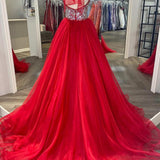 Red Beaded Halter Backless A-Line Long Prom Gown