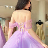 Tia | Lilac Off-the-Shoulder Lace-Up Tulle Long Prom Dress