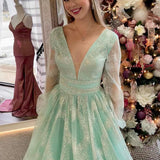 Sandy | Dusty Sage Plunging V Neck Illusion Sleeves Beaded Long Prom Dress