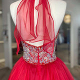 Red Beaded Halter Backless A-Line Long Prom Gown