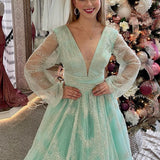 Sandy | Dusty Sage Plunging V Neck Illusion Sleeves Beaded Long Prom Dress