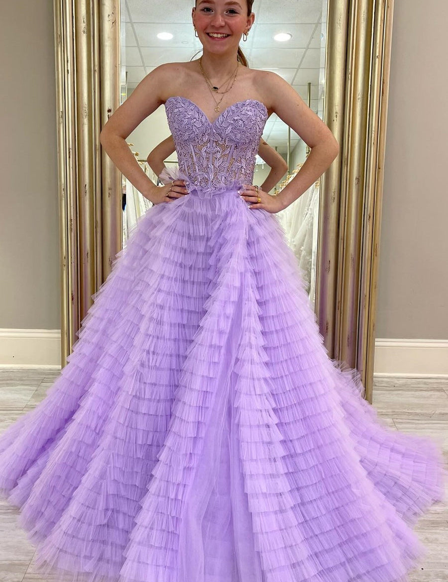 Addilyn |A-line Strapless Multi-Layers Tulle Prom Dress with Slit