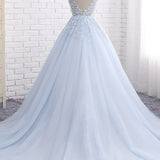 Quinceanera Dress Ball Gown Chapel Train V Neck Sleeveless Backless Appliques Prom Dresses