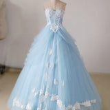 A-Line Lace Sweetheart Neck Blue Long Prom Dress