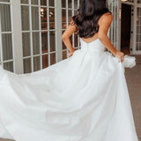 A-Line White Satin Strapless Wedding Dresses with Slit