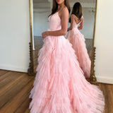 Alianna | Light Pink A-Line Tiered Spaghetti Straps Tulle Prom Dress