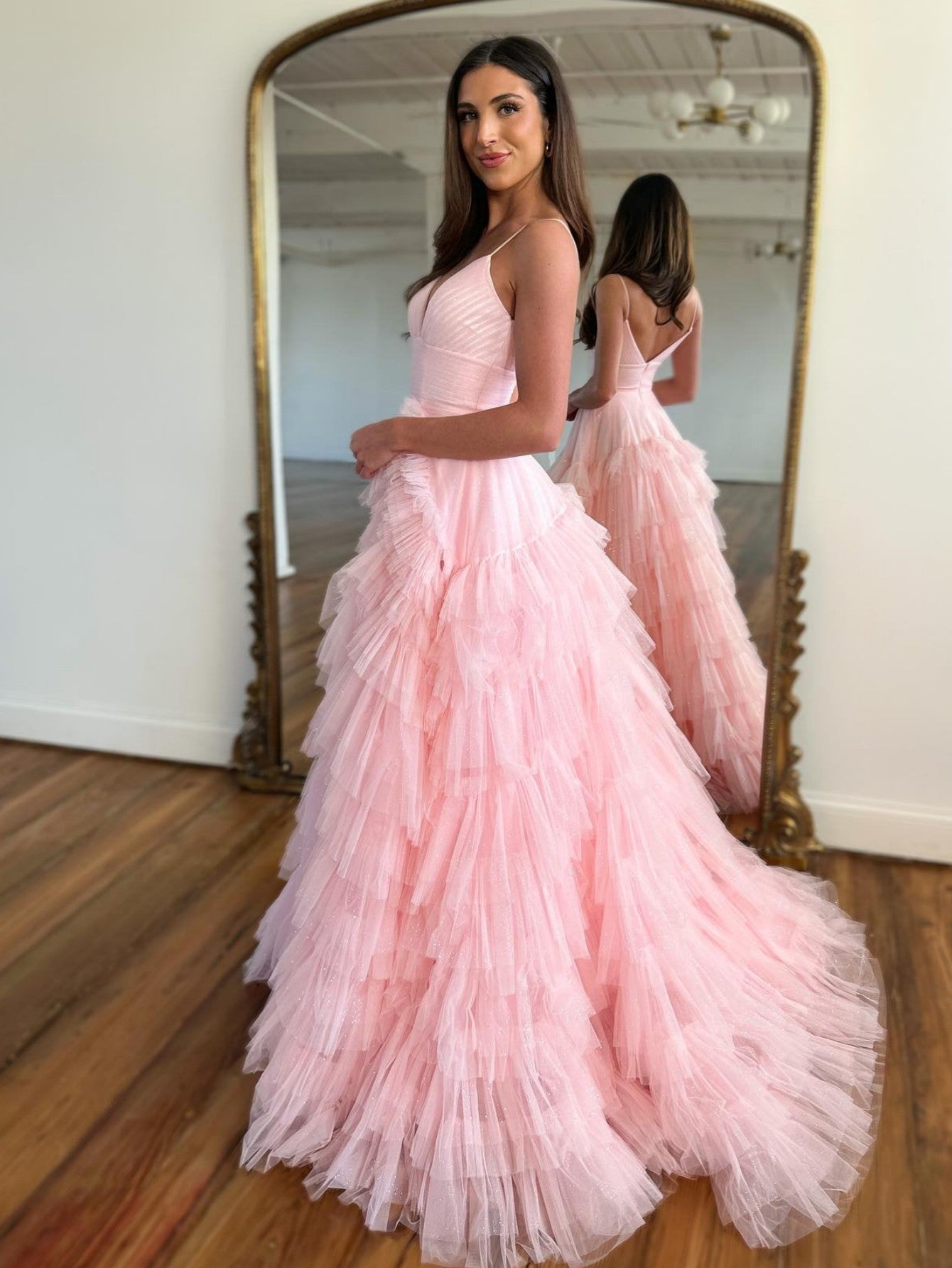 Alianna | Light Pink A-Line Tiered Spaghetti Straps Tulle Prom Dress