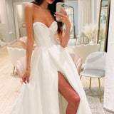 Simple A-Line Sweetheart White Satin Wedding Dresses with Slit