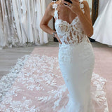 Mermaid Sweetheart Floral Straps Satin Wedding Dresses with Appliques