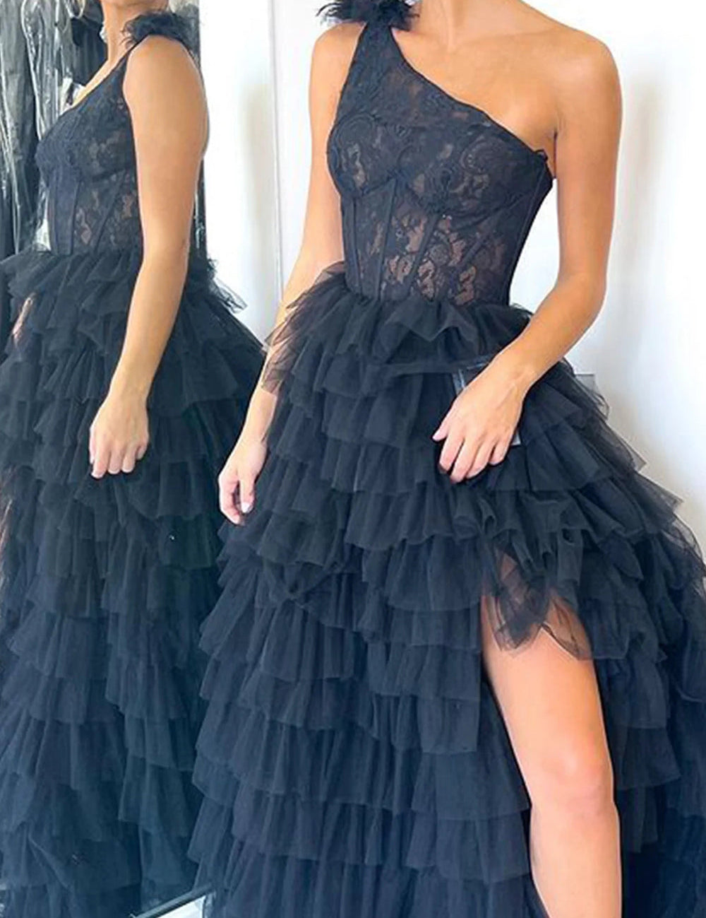 Kinsley | A Line One Shoulder Tiered Long Prom Dress