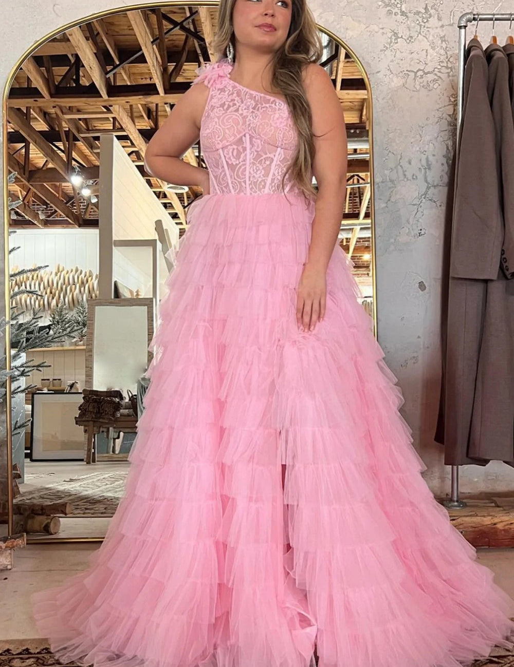 Kinsley | A Line One Shoulder Tiered Long Prom Dress