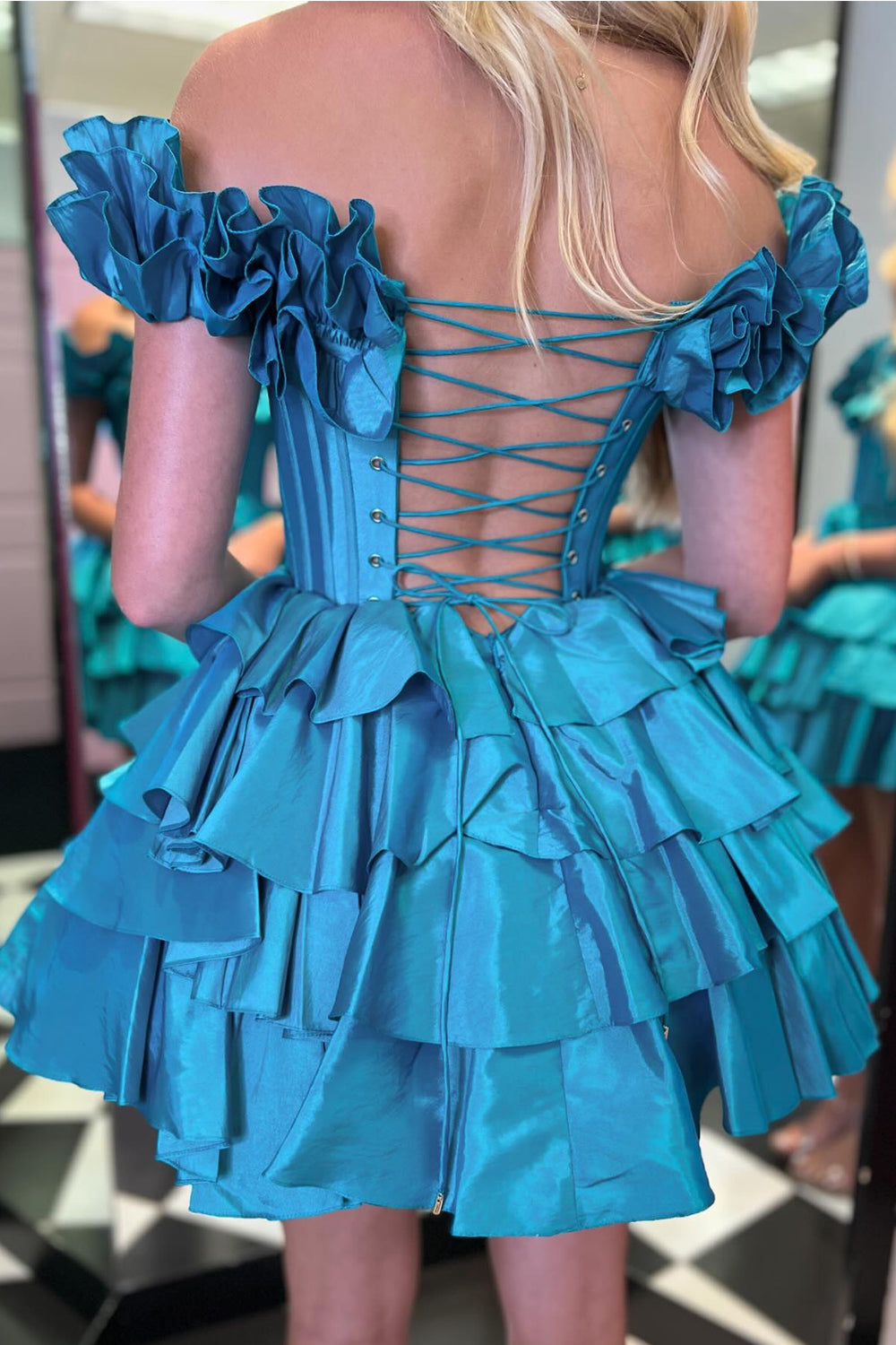 A-Line Off-the-Shoulder Corset Ruffle Tiered Homecoming Dress