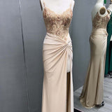 Rafenild | Green V Neck Beading Satin Long Slit Prom Dresses