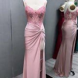 Rafenild | Green V Neck Beading Satin Long Slit Prom Dresses