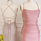 Dusty Pink Satin Lace-Up Sheath Long Bridesmaid Dress with Slit