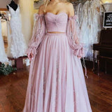 Two-Piece Dusty Pink Strapless A-Line Prom Dress with Sleeves