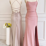 Dusty Pink Satin Lace-Up Sheath Long Bridesmaid Dress with Slit