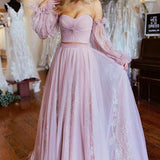 Two-Piece Dusty Pink Strapless A-Line Prom Dress with Sleeves