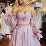 Two-Piece Dusty Pink Strapless A-Line Prom Dress with Sleeves