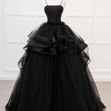 Quinceanera Dress A-Line Tulle Beads Black Long Prom Dress Black Sweet Dress