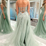 Beulah | A-Line Sweetheart Sage Green Tulle Lace Long Prom Dresses