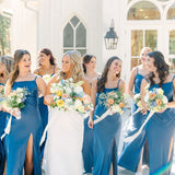 Simple Mermaid Spaghetti Straps Blue Long Bridesmaid Dresses with Bow Back