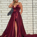 DarkRed Satin A Line Tight Long Prom Dress With Slit