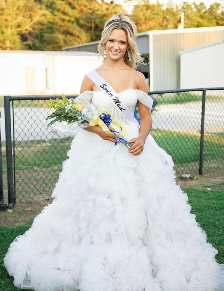 Kenia |A Line Off the Shoulder Ruffled Tulle Prom Dress with Slit