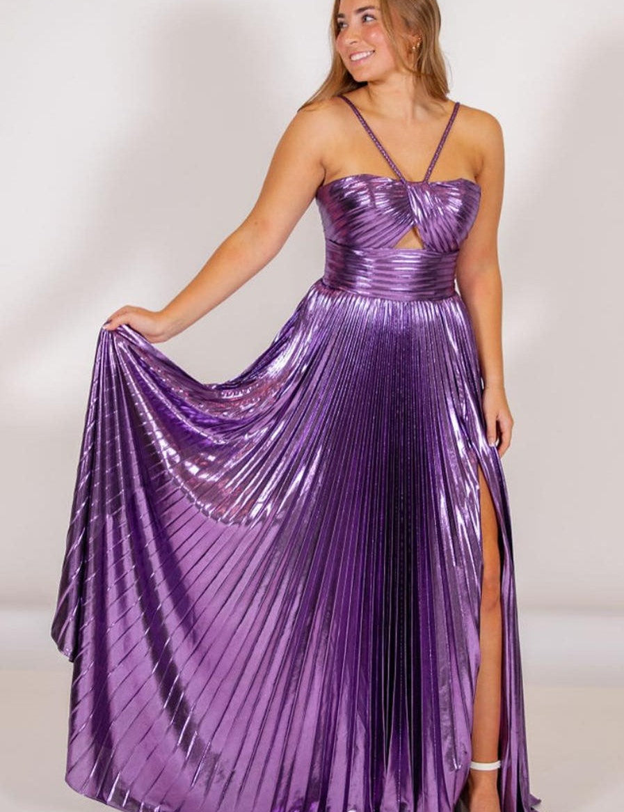 Madalyn| Metallic Keyhole Spaghetti Strap Long Prom Dress with Slit